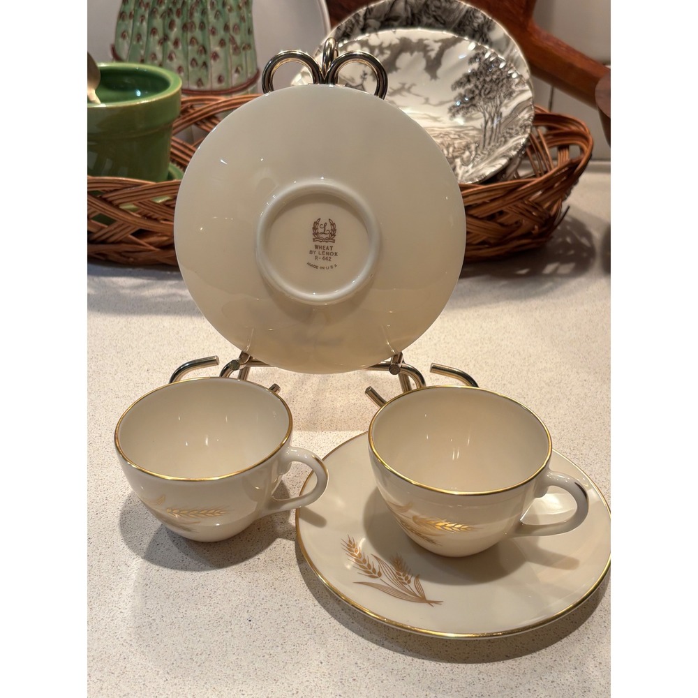 Lenox Wheat R-442 Ivory China Tea Cups and Saucers Set Gold Trim Made in USA